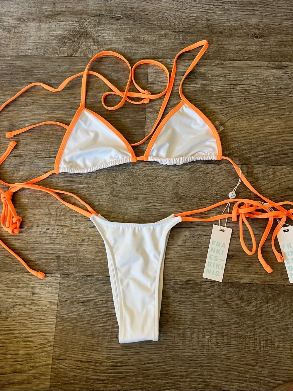 Frankie’s Bikinis Nick Top and Divine Bottom in Sherbet Orange and White
